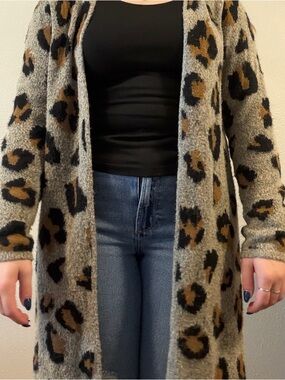 Women's Leopard Print Open-Front Cardigan Sweater - Taupe/Black